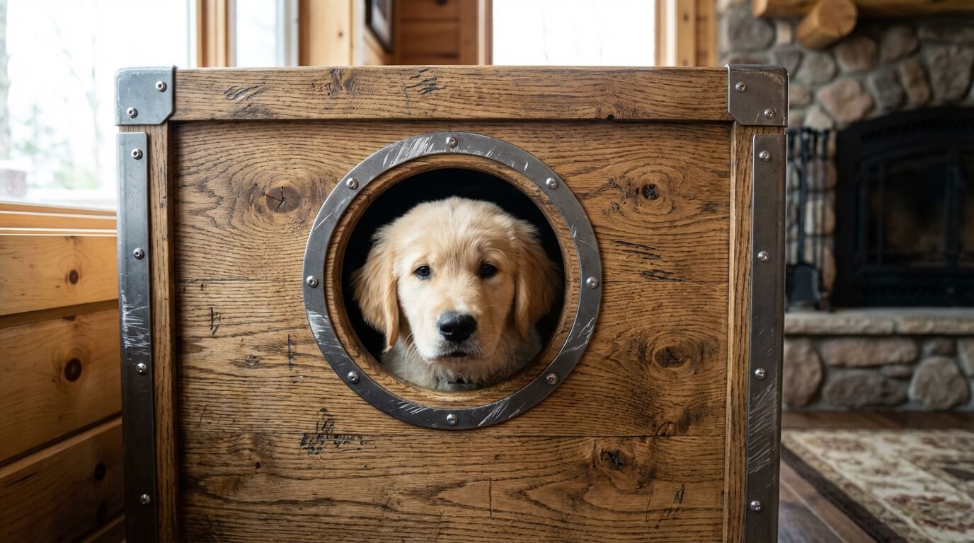 golden retriever puppy looking out from inside a solid wood furniture crate with metal chew guards
