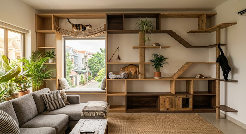 three cats exploring an extensive multi-level wooden wall shelf system spanning an entire living room wall