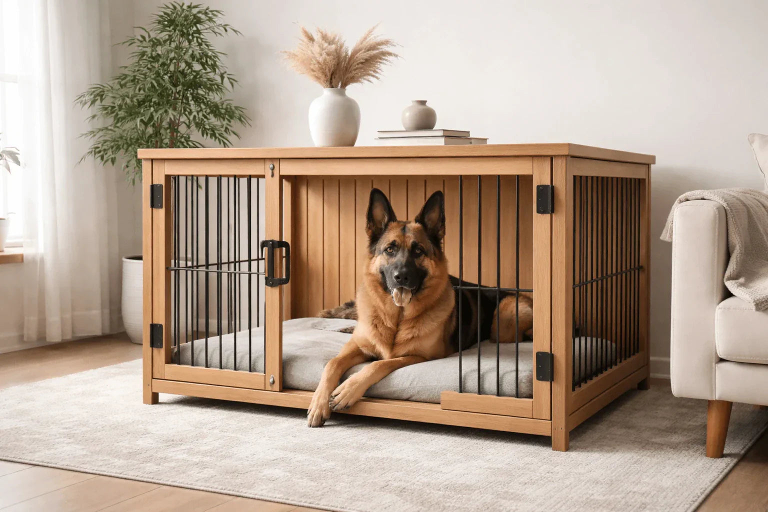 German Shepherd inside a 48 inch wooden furniture dog crate in modern living room