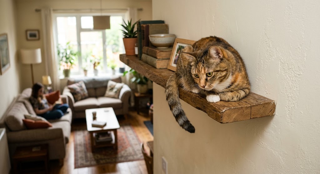 cat perched on a high wooden shelf looking down at the room below with relaxed posture