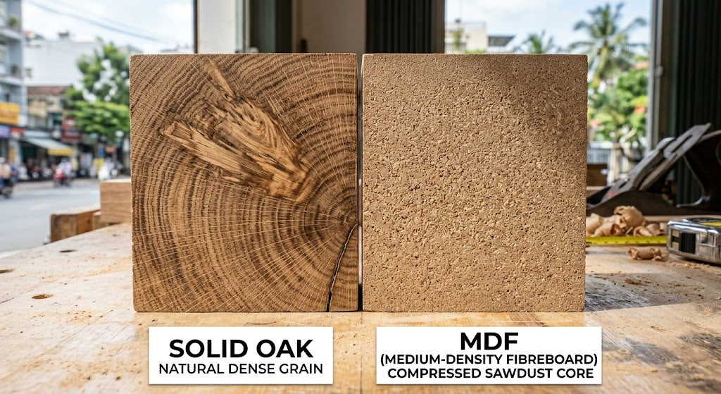 cross-section comparison showing the dense natural grain of solid oak next to the compressed sawdust core of MDF