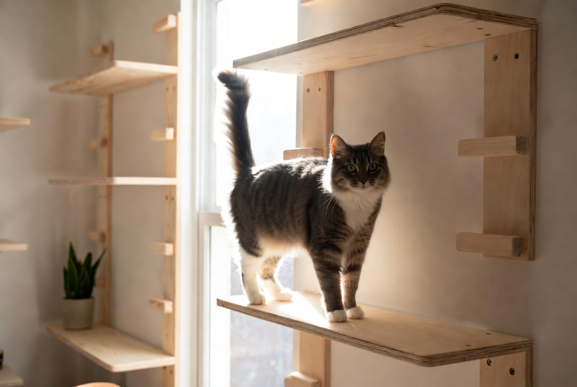 indoor cat standing on a wall mounted cat wall shelf system