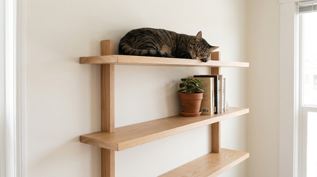 single cat resting on the top shelf of a three-tier wooden wall shelf system