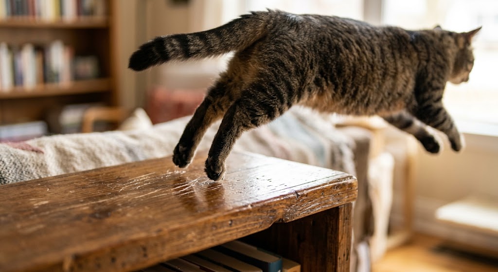 close-up of a cat jumping off a wooden shelf, leaving minor superficial claw marks in the clear coat finish
