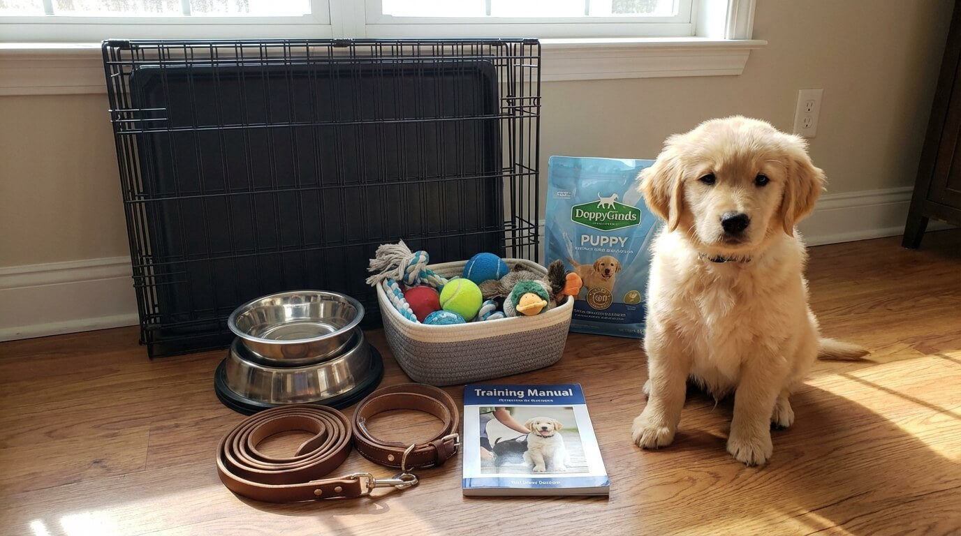 new puppy sitting next to a pile of organized supplies including a wire crate, food bowls, leash, and toys