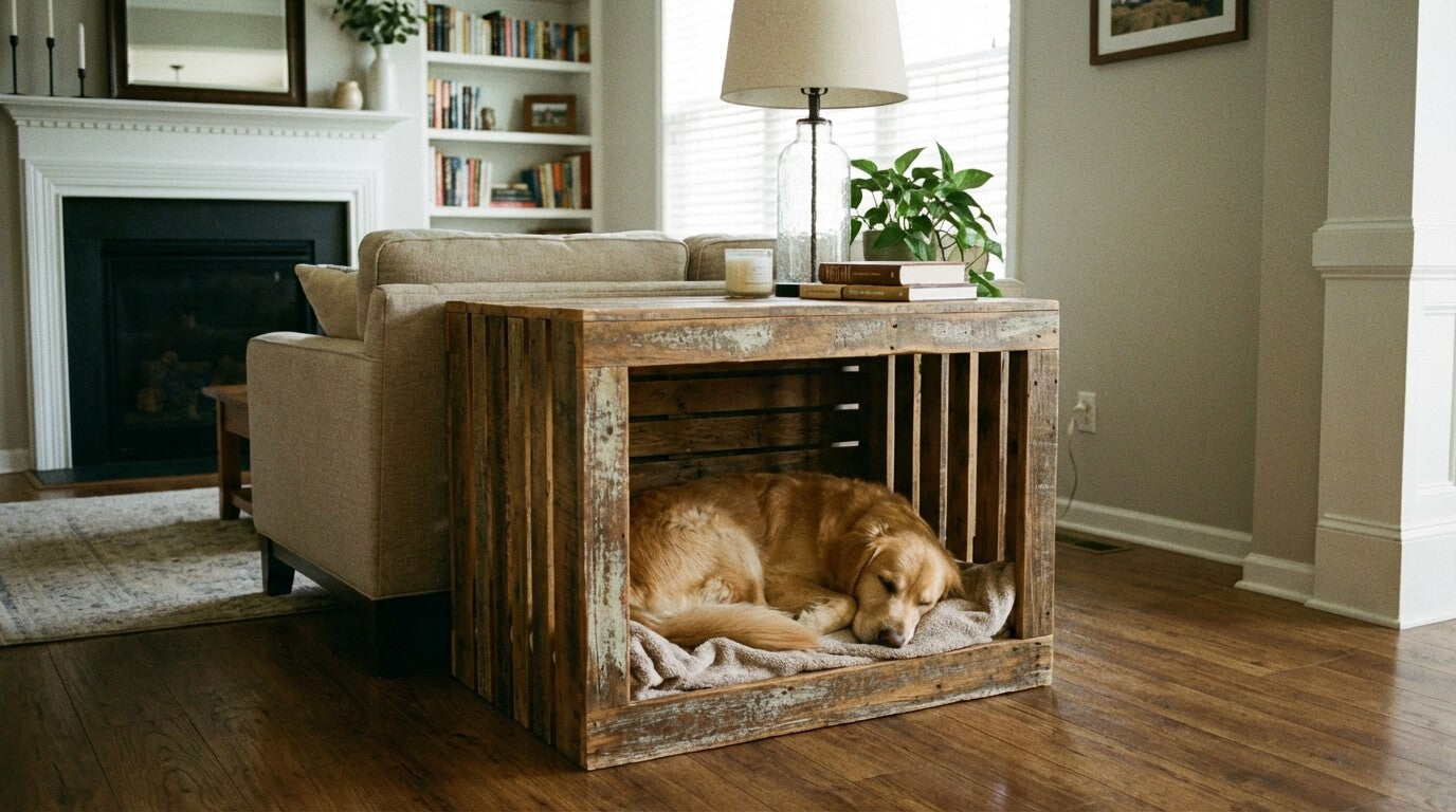 Golden Retriever resting inside a wooden furniture crate styled as an end table in a living room