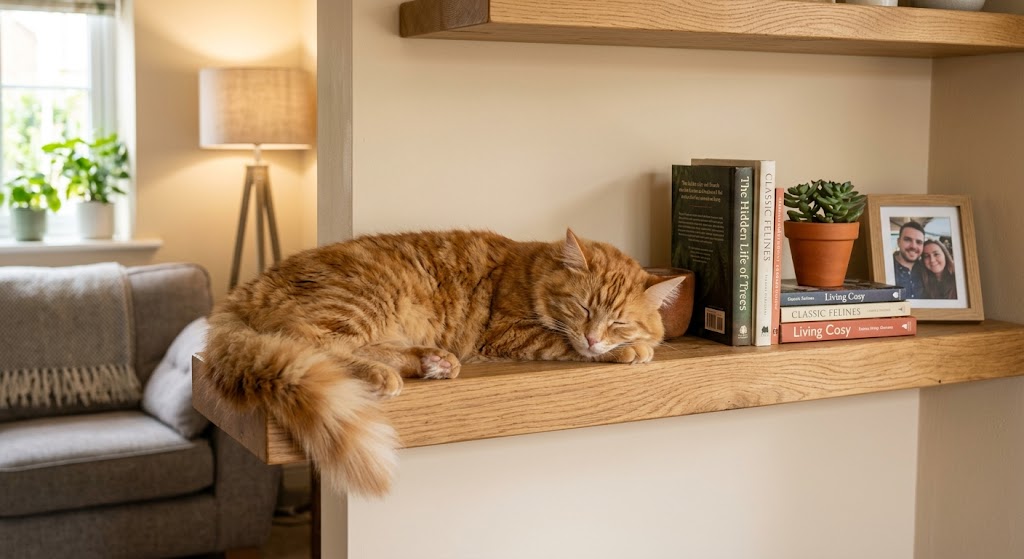 large orange cat resting comfortably on a wide wooden wall shelf in a living room
