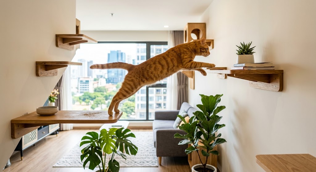 orange tabby cat jumping between wall-mounted wooden shelves in a modern apartment