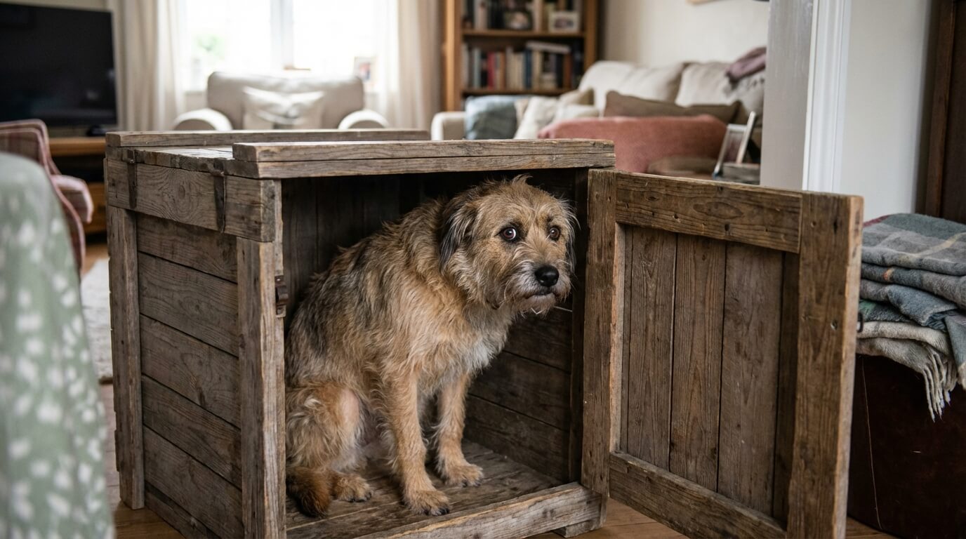 anxious dog sitting inside a wooden furniture crate with the door open looking toward the room