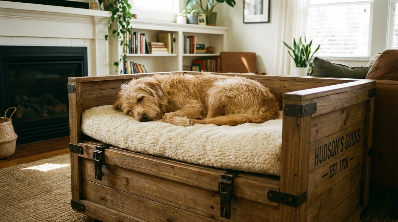 dog resting on a thick fleece pad inside a wooden furniture crate in a living room