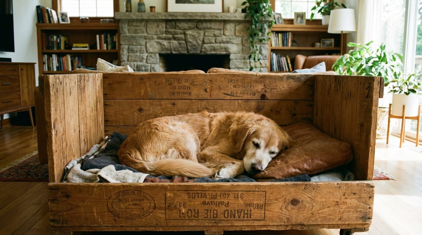 golden retriever resting inside a wooden furniture crate