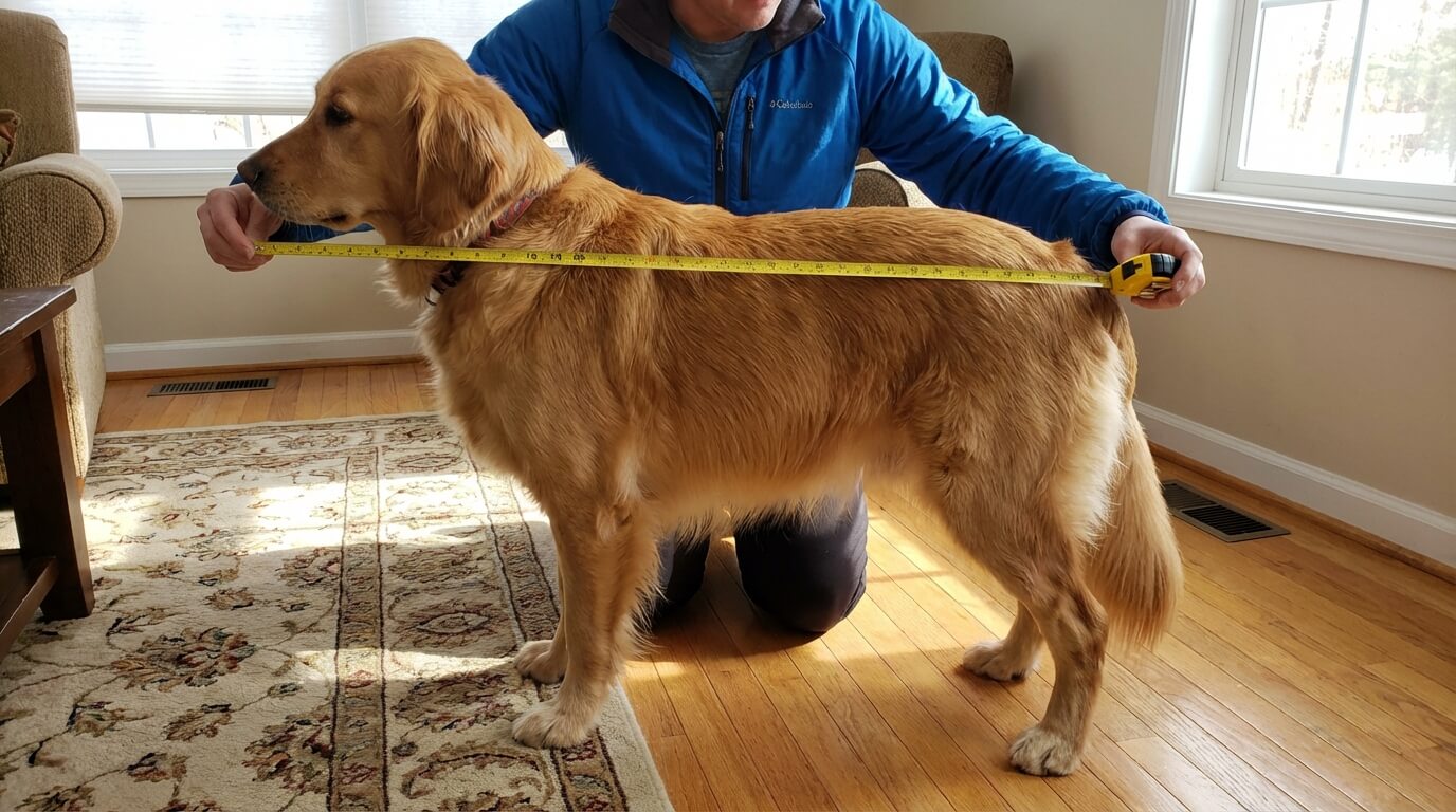 owner using a flexible tape measure along a standing golden retriever from nose to tail base