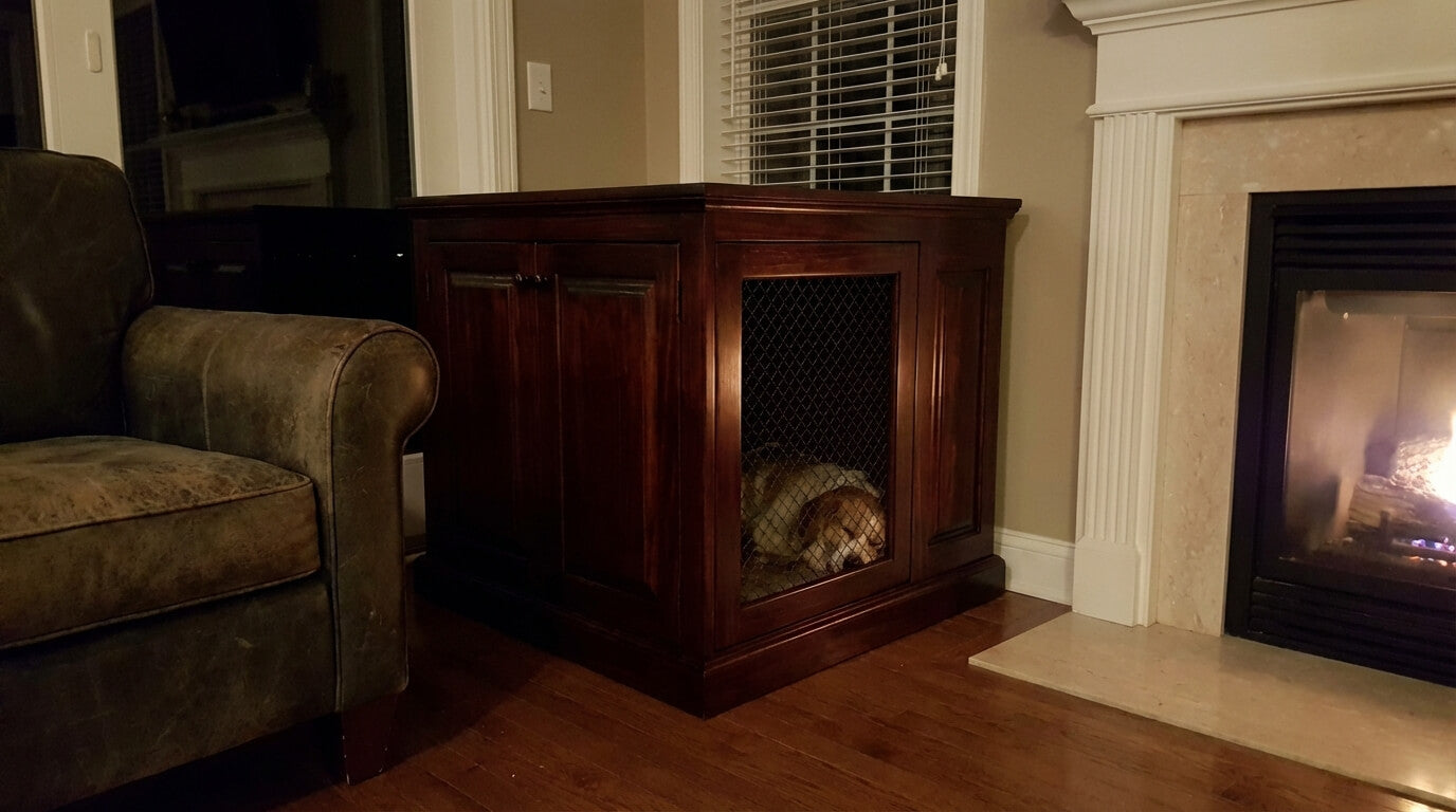 wooden furniture style dog crate with solid side panels in a dimly lit living room at night