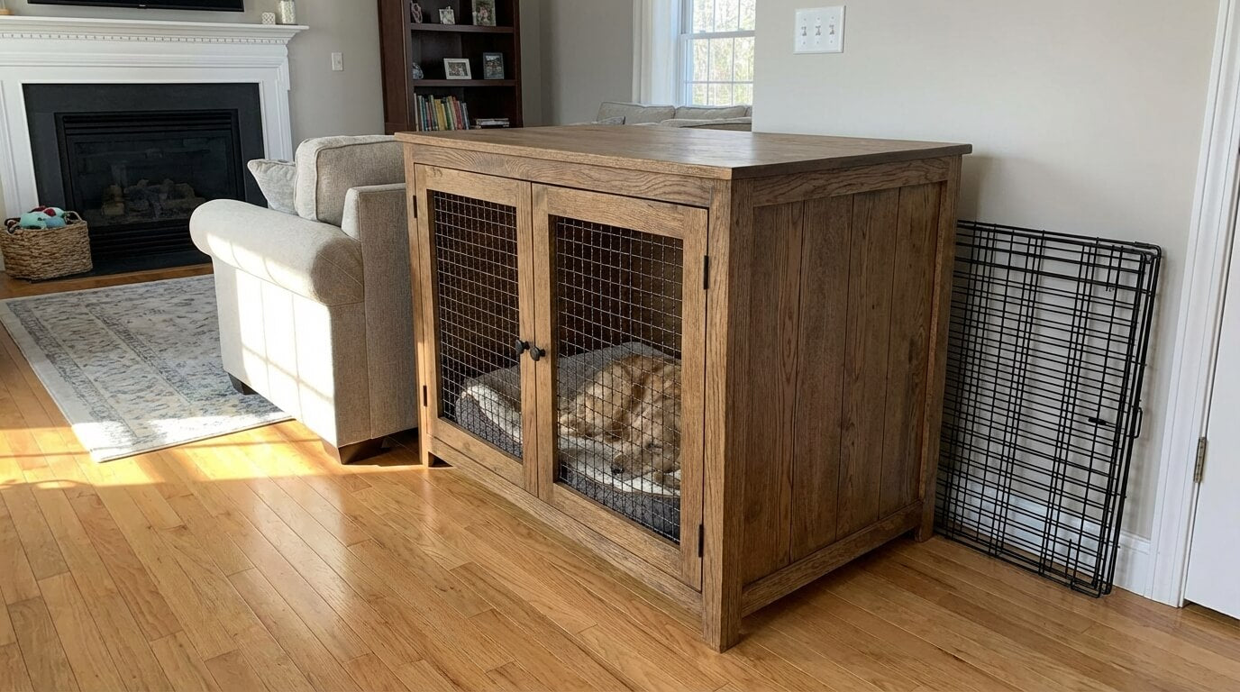 wooden furniture dog crate and a folded metal wire crate placed side by side in a living room