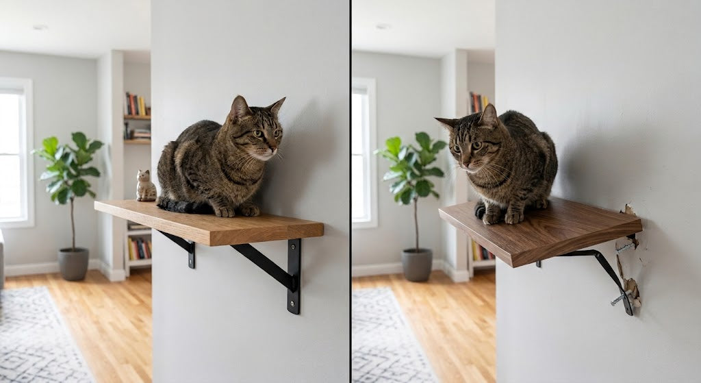 safe vs unsafe cat wall shelves comparison showing proper installation and dangerous setup