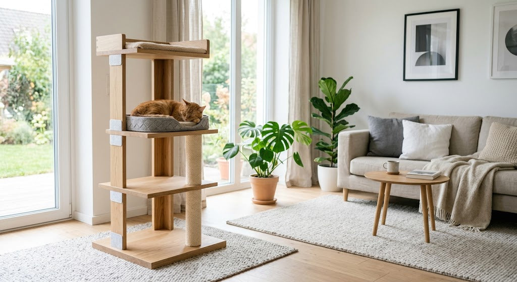 minimalist solid wood cat tree with clean lines in a modern scandinavian style living room