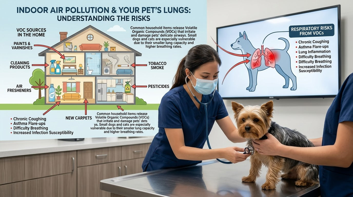 veterinarian examining a small dog's lungs, highlighting the respiratory risks of indoor air pollution and VOCs