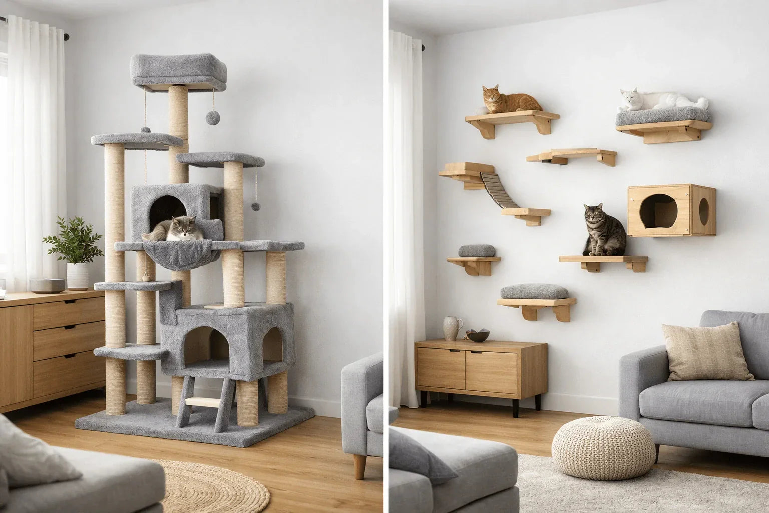 cat tree vs cat wall shelves comparison in modern home