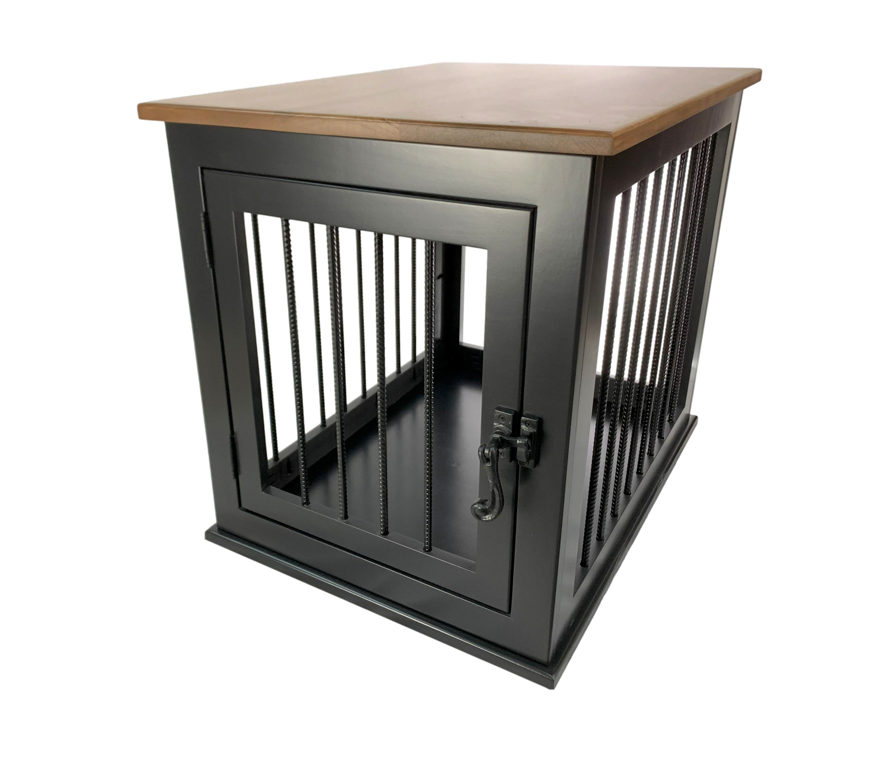 Wooden end table dog crate in a living room scene