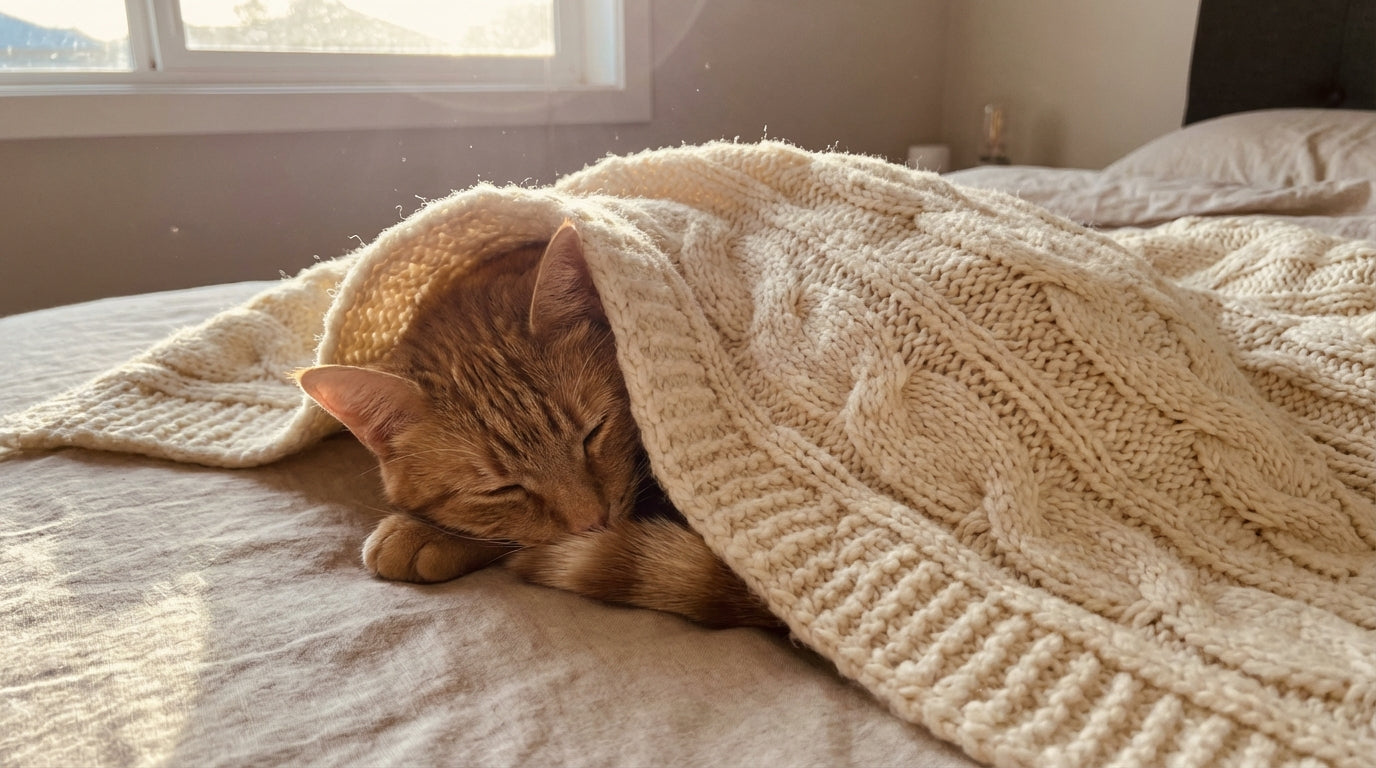 cat curled up sleeping under a soft white blanket on a bed