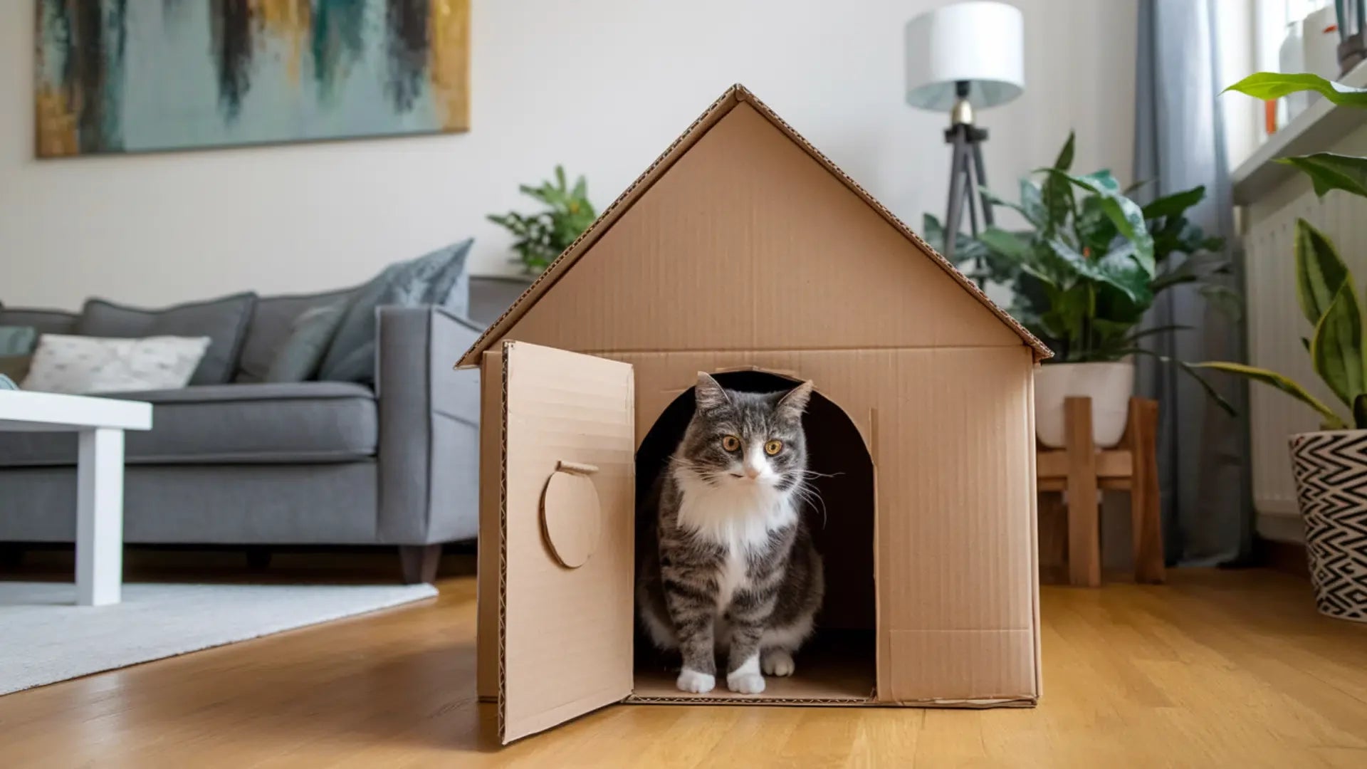 A cardboard cat house next to a wooden cat house side by side comparison
