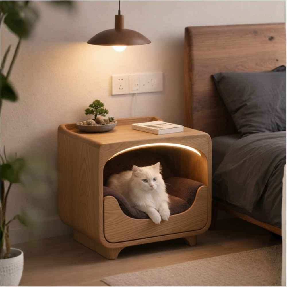 Natural Wood Cat House Nightstand, Bedside Cat Furniture Main image