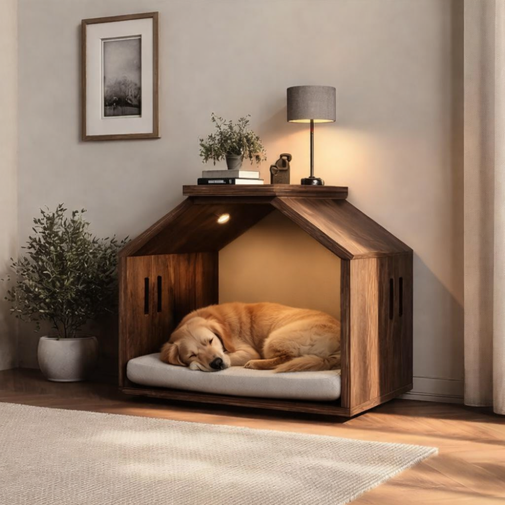 Luxury Dog Crate Furniture – Solid Wood Pet House with Side Table Top Main image