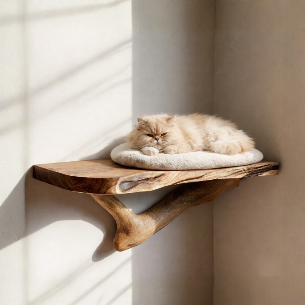 Solid Wood Cat Wall Shelf, Natural Cat Furniture for Home Decor Main image