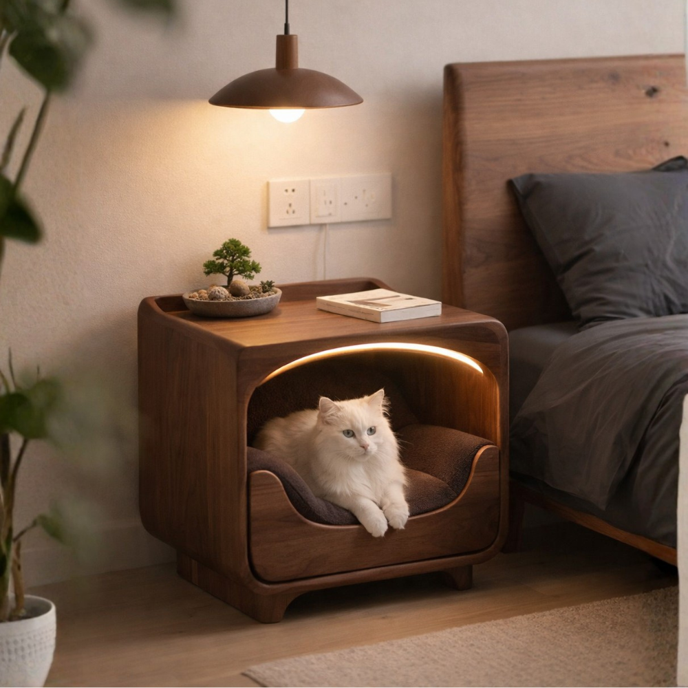 Natural Wood Cat House Nightstand, Bedside Cat Furniture