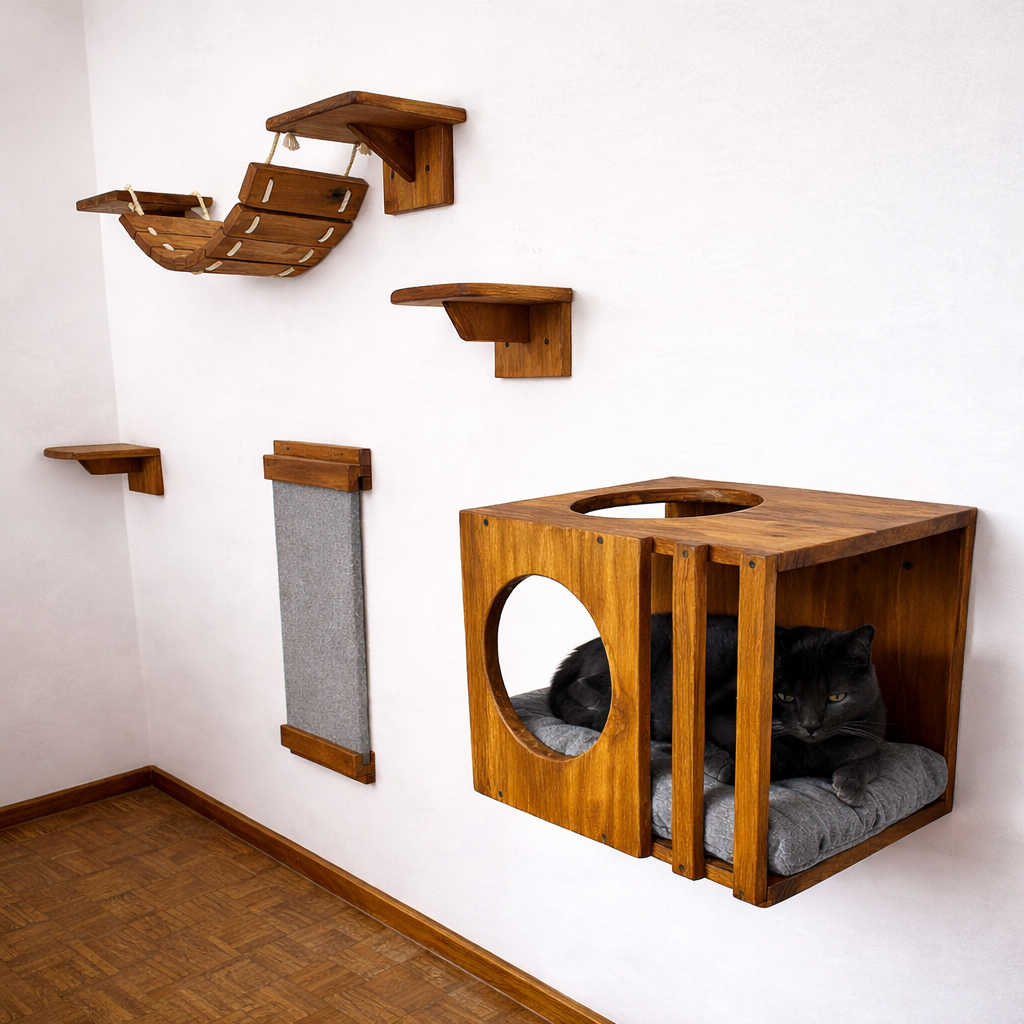 Wall Mounted Cat Playground Set, Solid Wood Cat Shelves, Cat House & Scratcher Main image