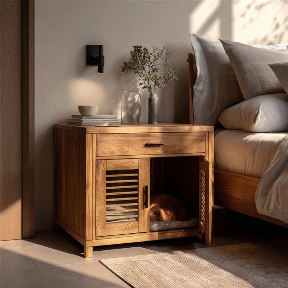 Hidden Cat House Nightstand, Solid Wood Bedside Table with Built-In Pet Condo Main image
