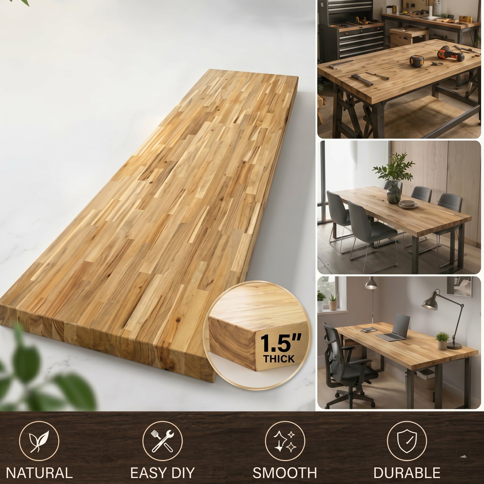 Natural Solid Wood Butcher Block Countertop – DIY Kitchen Counter, Desk & Workbench Top