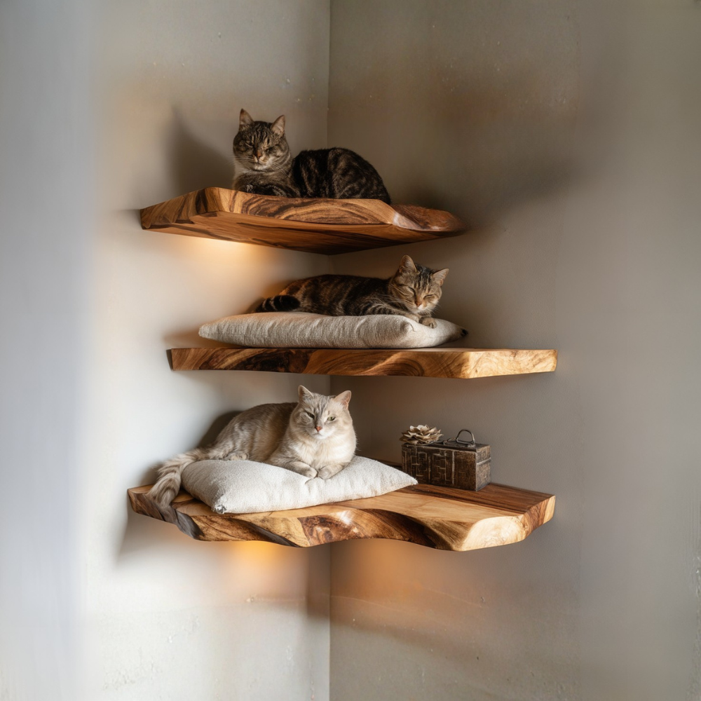 Cat Corner Floating Shelf, Wood Wall Mounted Cat Shelf Decor