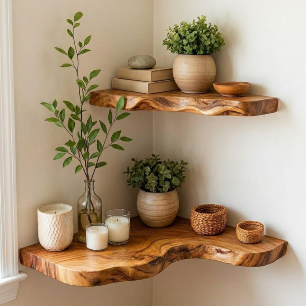 Corner Floating Shelf Solid Wood, Wall Mounted Minimalist Corner Shelf for Home Decor Main image