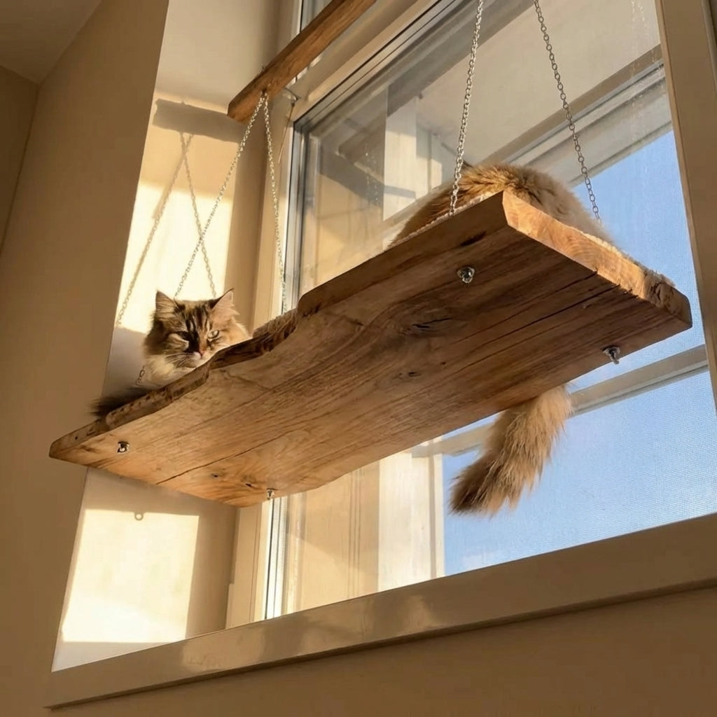 Live Edge Cat Perch, Handmade Natural Wood Cat Furniture, Rustic Cat Wall Bed
