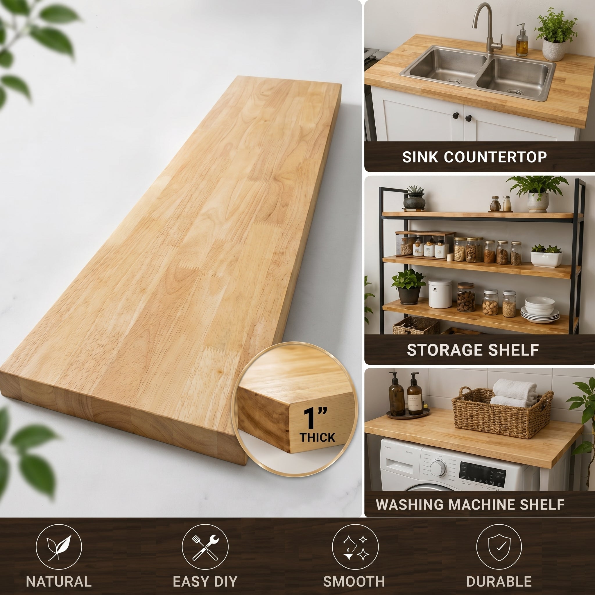 Solid Hevea Wood Butcher Block Table Top – DIY Countertop for Office Desk, Workbench & Kitchen
