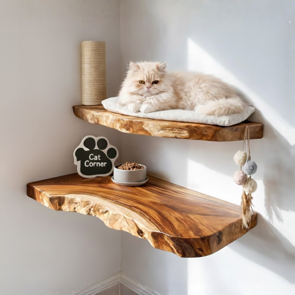 Live Edge Cat Wall Shelf, Natural Wood Cat Furniture for Modern Home Decor