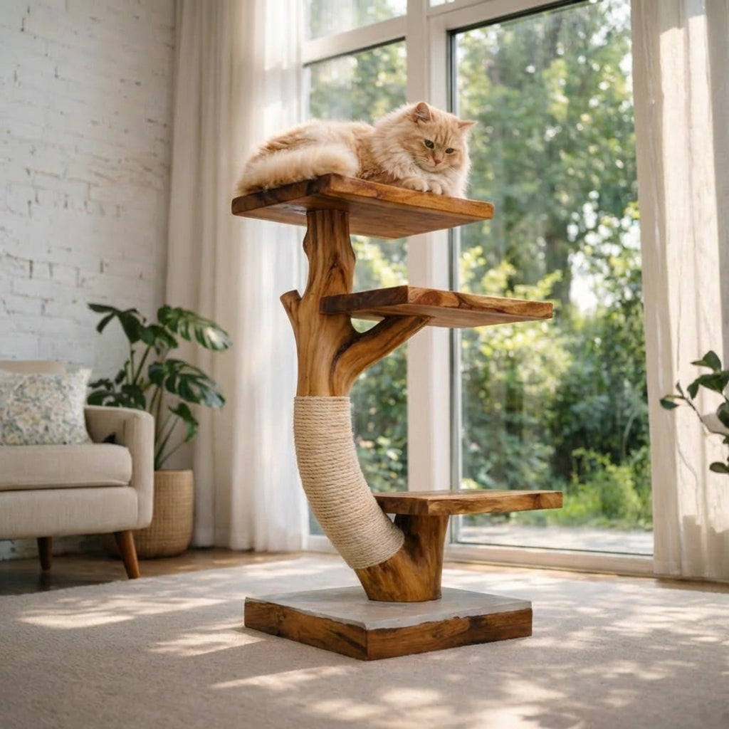 Cat Tree Tower, Modern Cat Furniture, Natural Wood Cat Tower