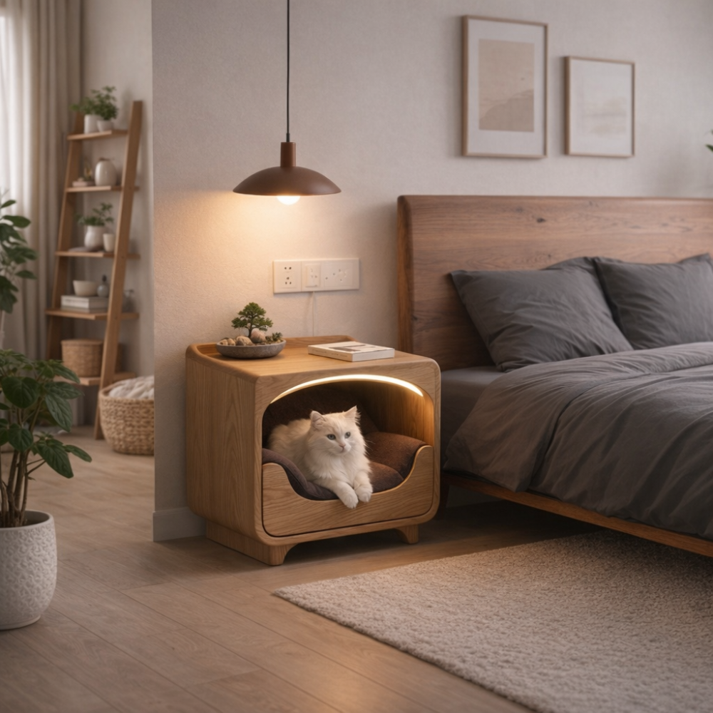 Natural Wood Cat House Nightstand, Bedside Cat Furniture