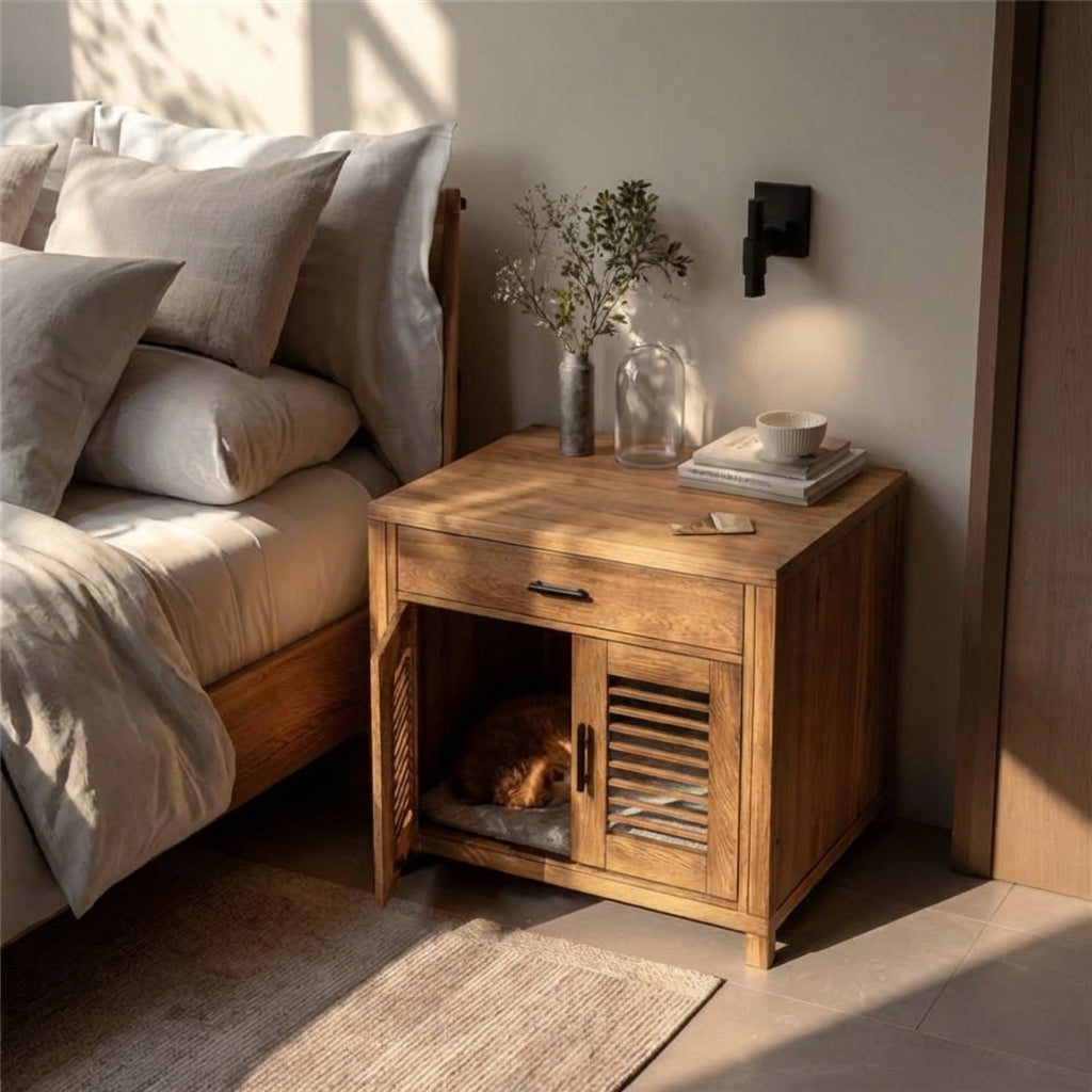 Hidden Cat House Nightstand, Solid Wood Bedside Table with Built-In Pet Condo