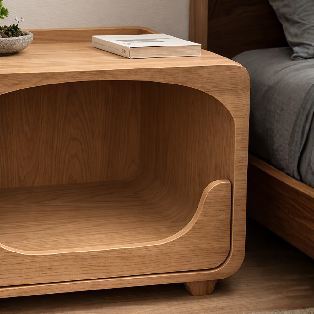 Natural Wood Cat House Nightstand, Bedside Cat Furniture