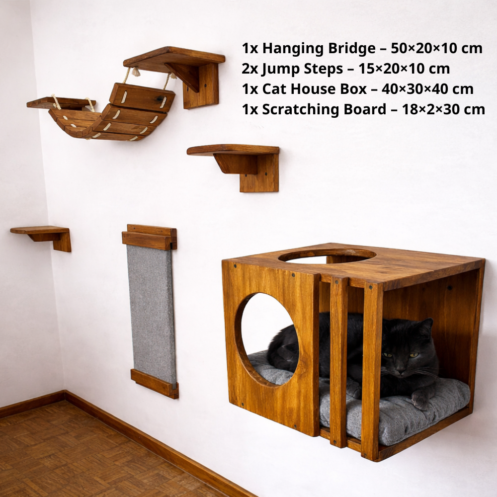 Wall Mounted Cat Playground Set, Solid Wood Cat Shelves, Cat House & Scratcher