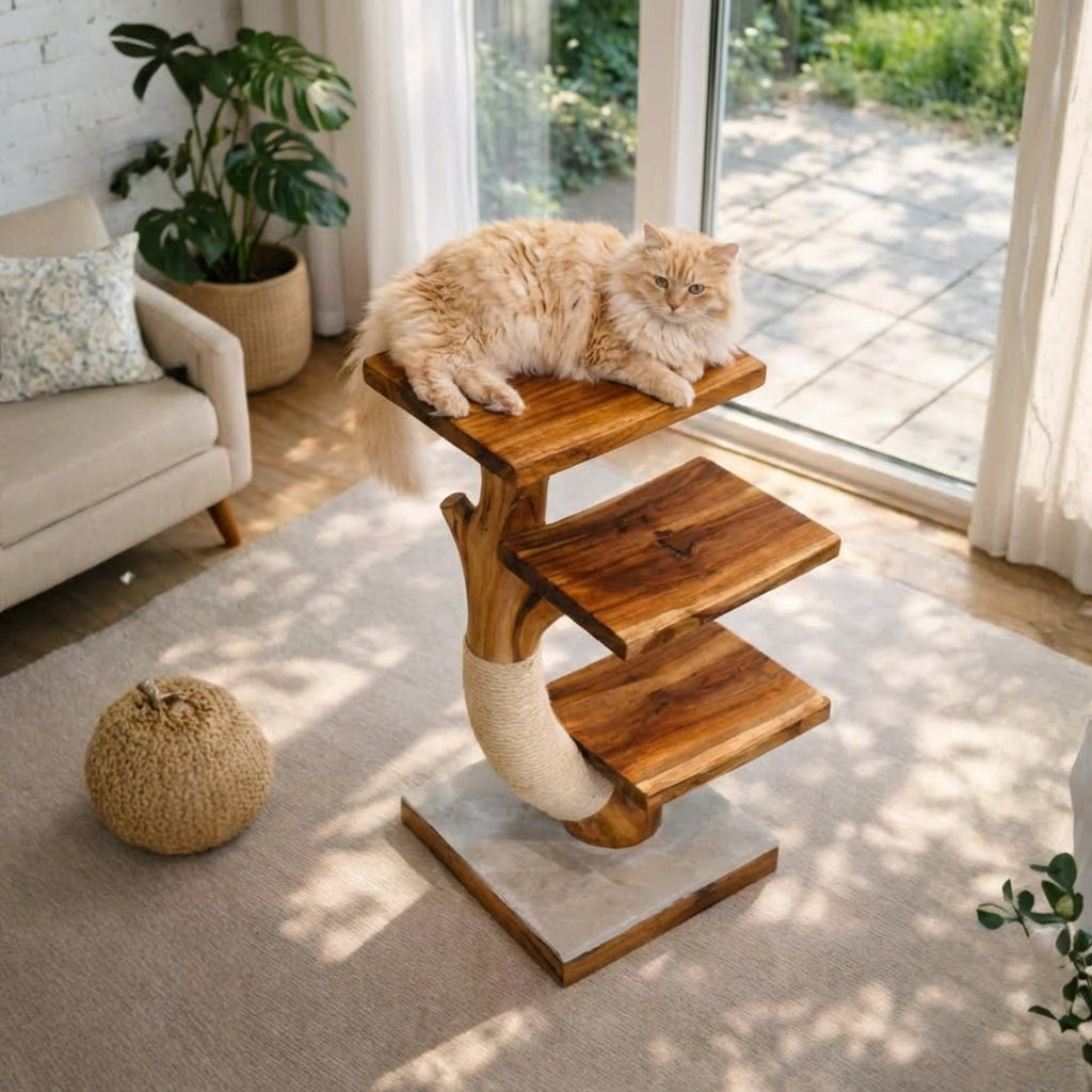 Cat Tree Tower, Modern Cat Furniture, Natural Wood Cat Tower
