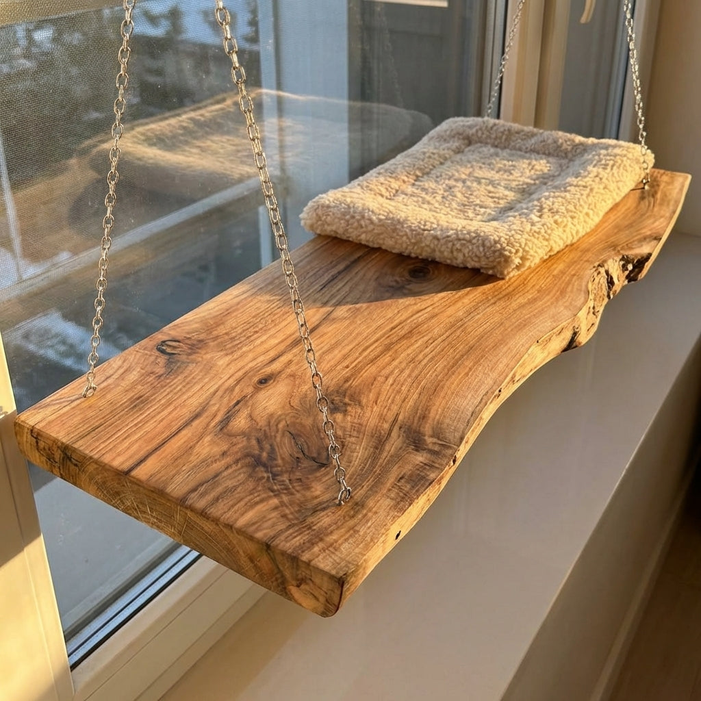 Live Edge Cat Perch, Handmade Natural Wood Cat Furniture, Rustic Cat Wall Bed