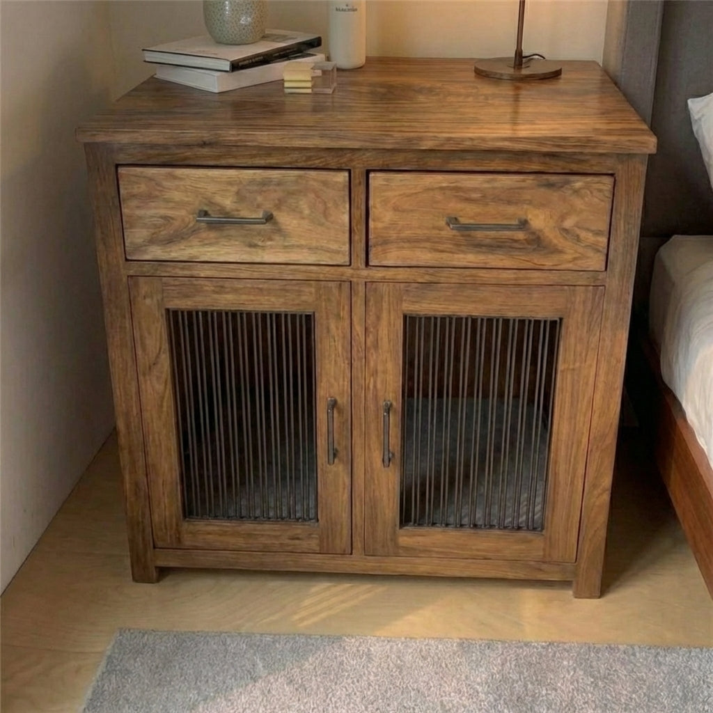 Cat House Nightstand Wooden, Modern Bedside Table with Built-In Cat Condo