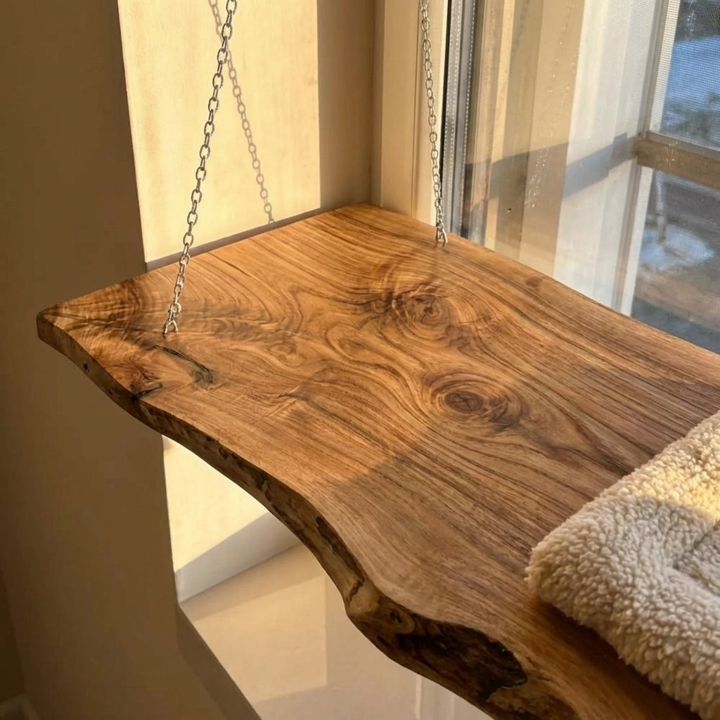 Live Edge Cat Perch, Handmade Natural Wood Cat Furniture, Rustic Cat Wall Bed