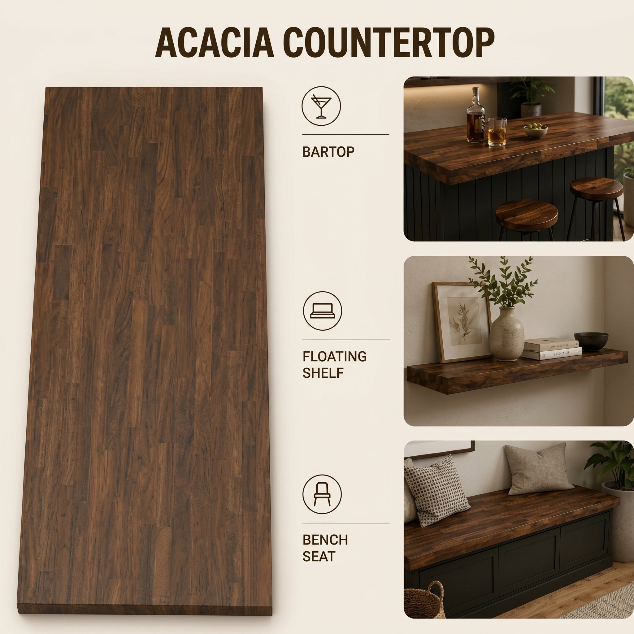 Solid Acacia Wood Countertop – Butcher Block Table Top for Desk, Workbench & Dining Table