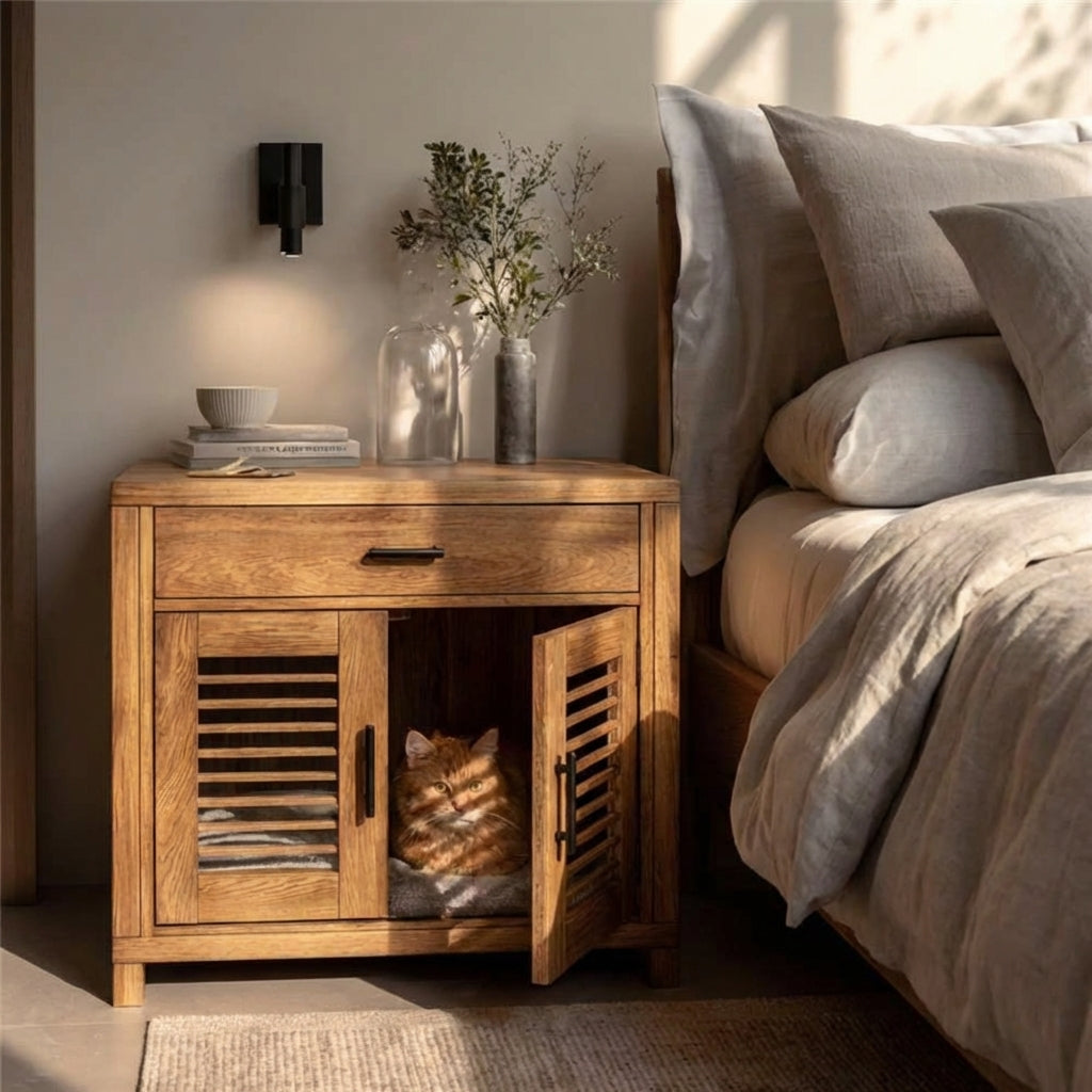 Hidden Cat House Nightstand, Solid Wood Bedside Table with Built-In Pet Condo