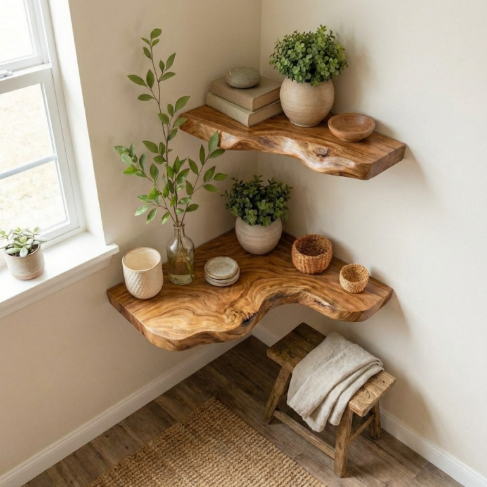 Corner Floating Shelf Solid Wood, Wall Mounted Minimalist Corner Shelf for Home Decor