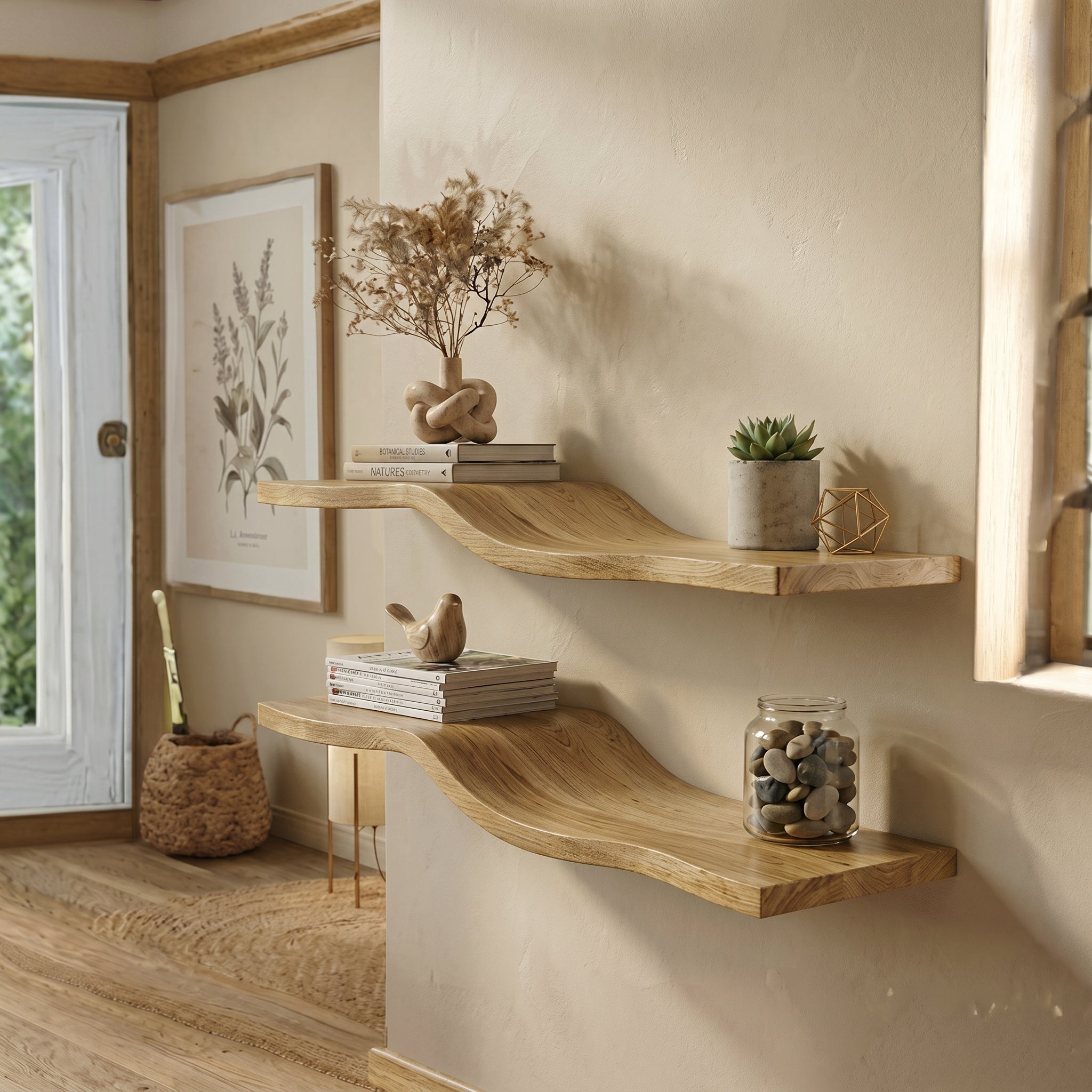Wooden Wavy Floating Shelf, Solid Wood, Handmade Shelf Home Decor